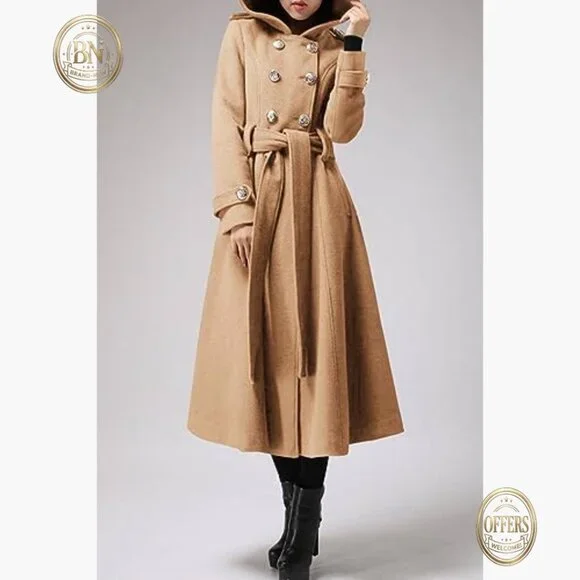 Long Wool Blend Trench Coat with Hood and Belts